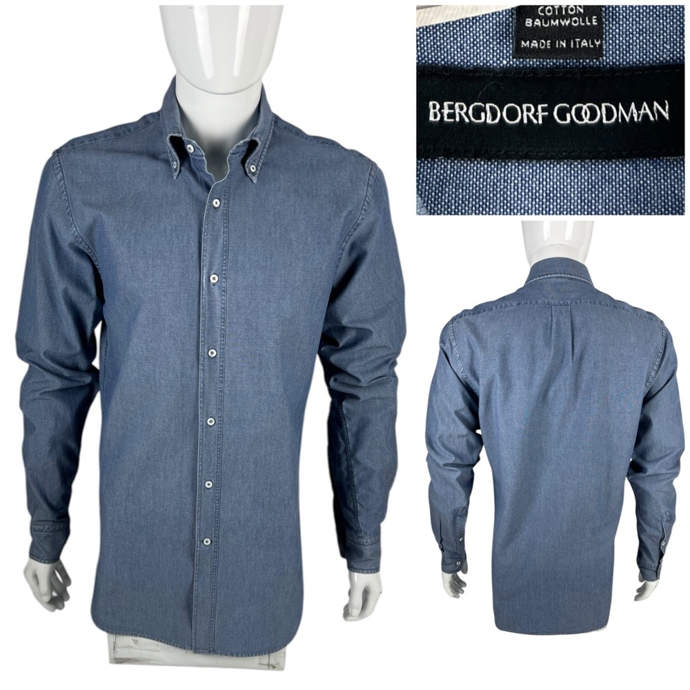 Bergdorf Goodman Mens Medium Shirt 100% Cotton Blue Long Sleeve Button Down